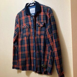 Lindbergh Men's Orange/Blue Plaid Full Zip Long Sleeve Flannel Shirt Size Medium